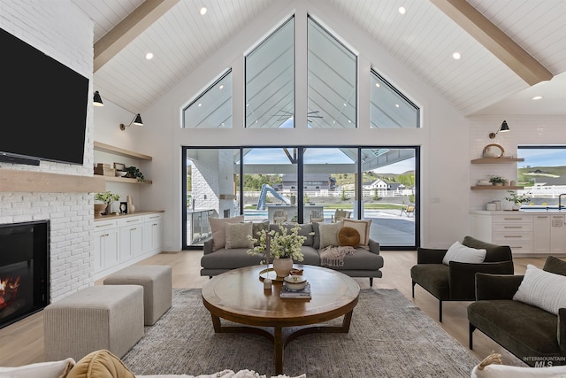 11950 W Lanktree Gulch Rd, Star, ID 83669 - living room featuring high vaulted ceiling, a wood ceiling with exposed beams, a fireplace, and light wood-type flooring