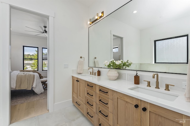 11950 W Lanktree Gulch Rd, Star, ID 83669 - ensuite bathroom with double vanity, ceiling fan, crown molding, and recessed lighting