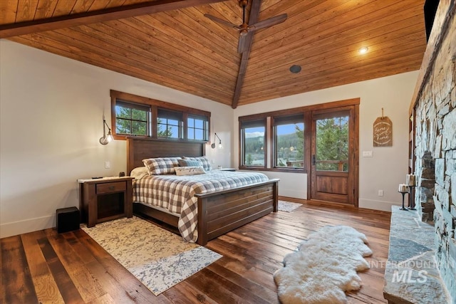 212 Ferguson Way, Mccall, ID 83638 - bedroom with lofted ceiling, wood ceiling, multiple windows, baseboards, and wood finished floors