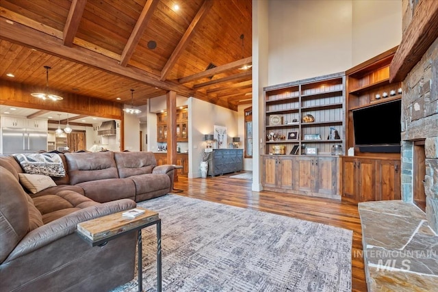 212 Ferguson Way, Mccall, ID 83638 - living area with wooden ceiling, wood finished floors, beam ceiling, and a towering ceiling