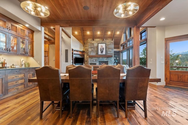 212 Ferguson Way, Mccall, ID 83638 - dining area with wood-type flooring, wooden ceiling, a fireplace, recessed lighting, and baseboards