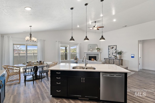 19126 Red Eagle Way, Caldwell, ID 83605 - kitchen featuring stainless steel dishwasher, a sink, lofted ceiling, dark cabinets, and a warm lit fireplace