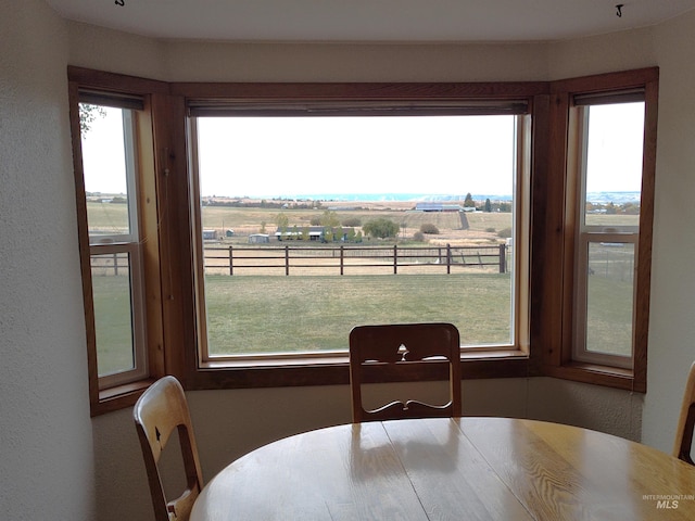 dining room featuring a wealth of natural light and a rural view