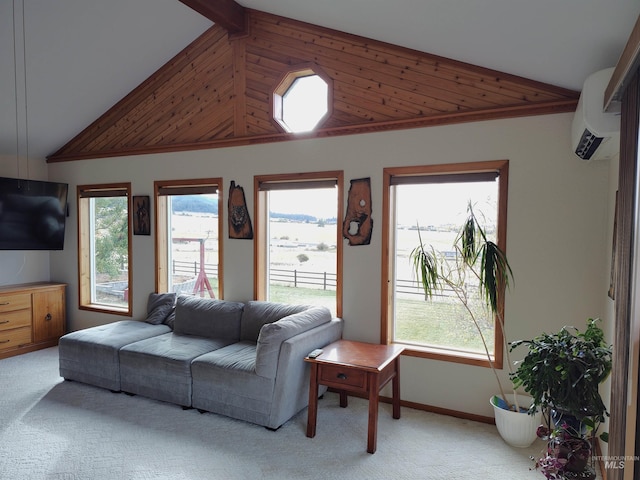 living room featuring light carpet, a healthy amount of sunlight, and a wall mounted air conditioner