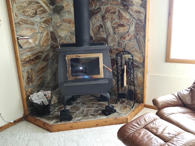 room details with a wood stove and carpet floors