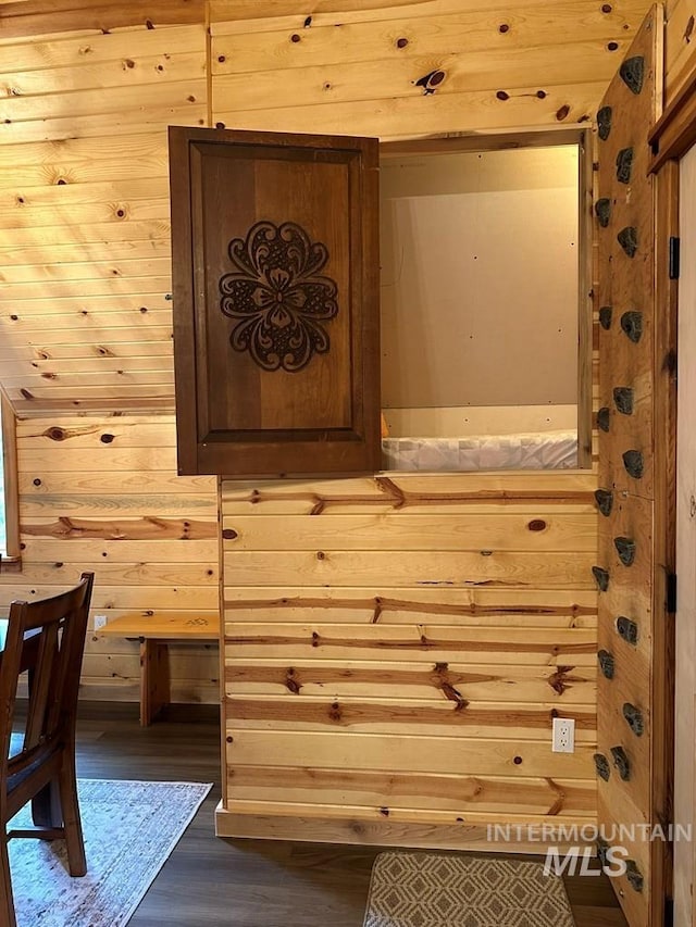 interior space with wooden walls and wood finished floors