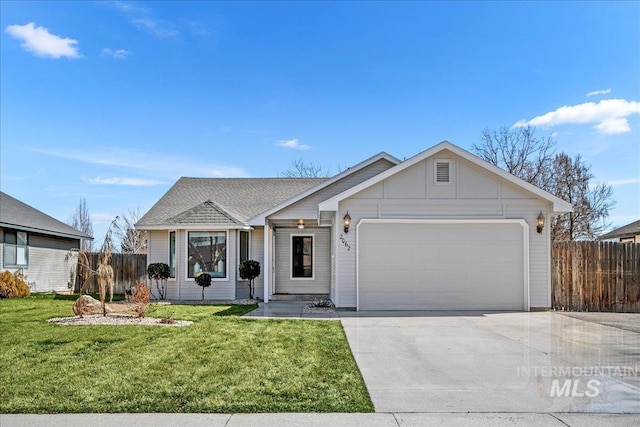 ranch-style home with a garage, concrete driveway, a front lawn, and fence