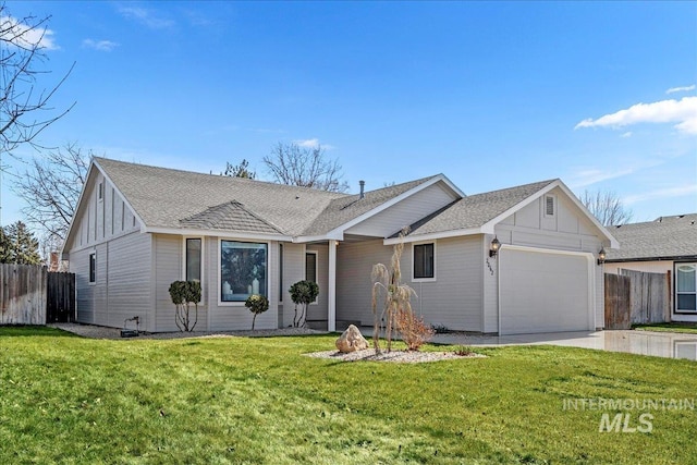 ranch-style house with an attached garage, driveway, a front lawn, and fence