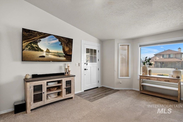 entryway featuring vaulted ceiling, baseboards, carpet floors, and a textured ceiling