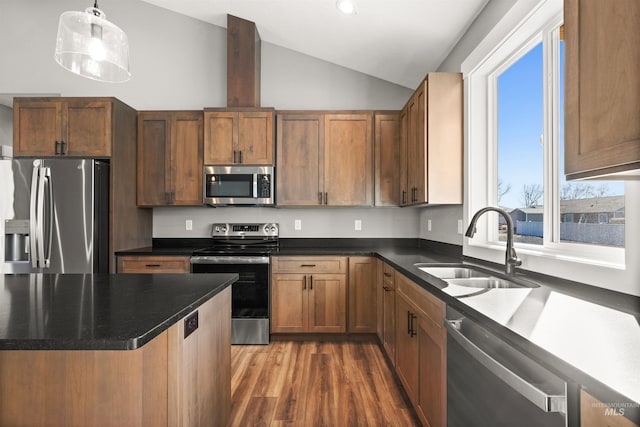 kitchen featuring pendant lighting, lofted ceiling, appliances with stainless steel finishes, a sink, and wood finished floors