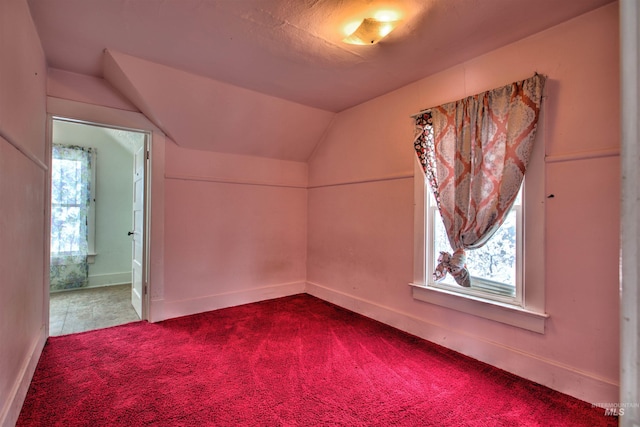 additional living space featuring lofted ceiling and carpet floors