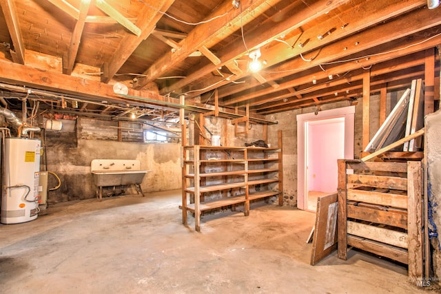 basement with sink and water heater
