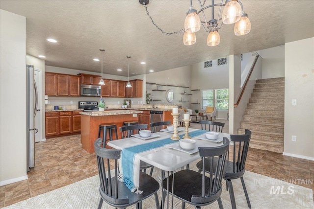 4665 N Beaham Ave, Meridian, ID 83646 - dining space with a textured ceiling, a chandelier, baseboards, recessed lighting, and stairs