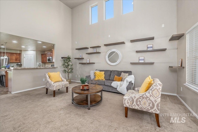 4665 N Beaham Ave, Meridian, ID 83646 - living area with light colored carpet, baseboards, and a towering ceiling