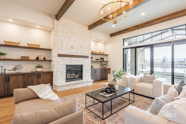 3426 N Hardwick Ave, Eagle, ID 83616 - living area with beam ceiling, light wood-type flooring, a chandelier, a fireplace, and recessed lighting