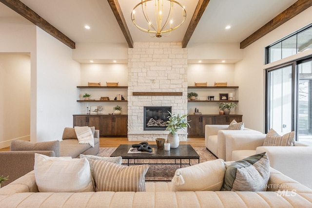 3426 N Hardwick Ave, Eagle, ID 83616 - living area featuring light wood-style floors, beam ceiling, a chandelier, a stone fireplace, and recessed lighting