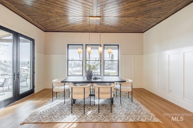 3426 N Hardwick Ave, Eagle, ID 83616 - dining room with a decorative wall, wood ceiling, ornamental molding, french doors, and wainscoting