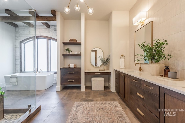 3426 N Hardwick Ave, Eagle, ID 83616 - full bathroom with a freestanding bath, vanity, a stall shower, and beamed ceiling