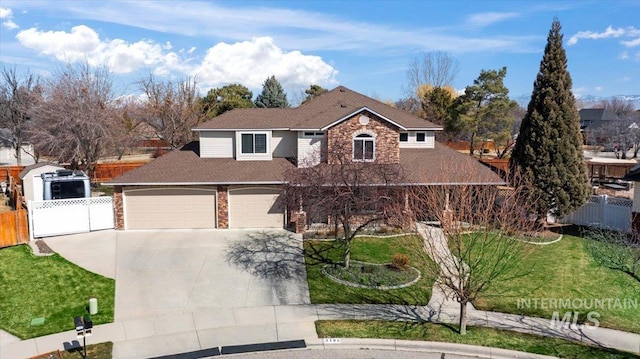 traditional home featuring a front lawn, fence, a garage, stone siding, and driveway