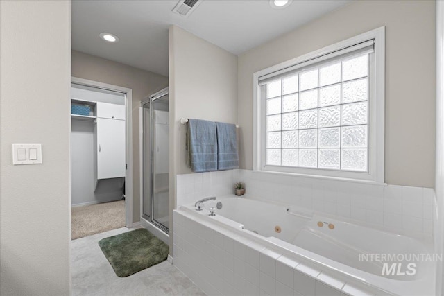 full bath with recessed lighting, visible vents, a tub with jets, and a stall shower