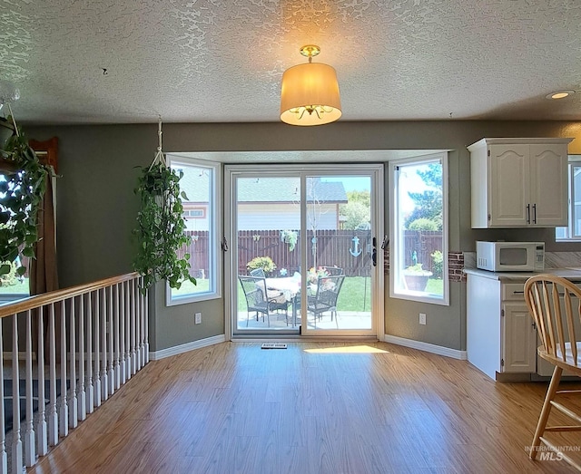 interior space with baseboards, light wood-type flooring, a wealth of natural light, and a textured ceiling