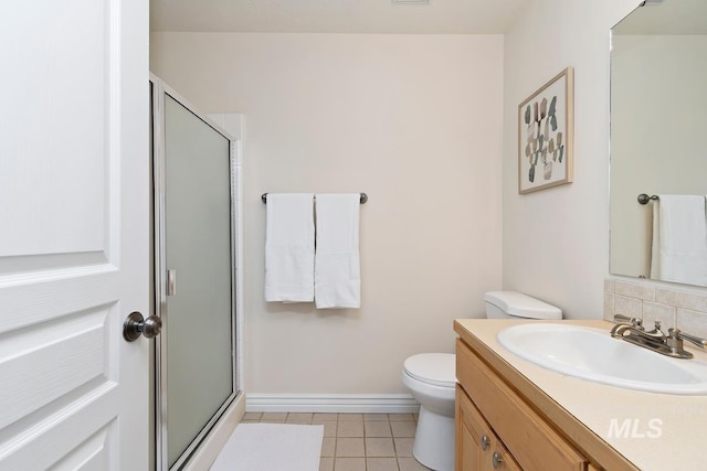 full bathroom featuring toilet, a shower stall, vanity, and tile patterned floors