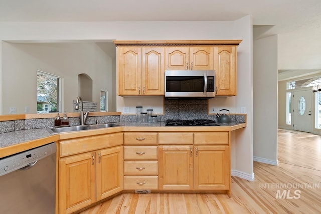 kitchen featuring light brown cabinetry, appliances with stainless steel finishes, a sink, and a wealth of natural light