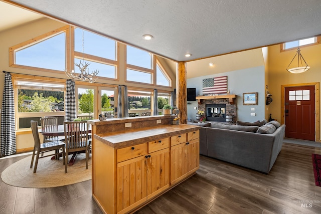 1017 Potts Dr, Mccall, ID 83638 - kitchen featuring tile countertops, a stone fireplace, high vaulted ceiling, a textured ceiling, and dark wood-style flooring