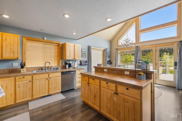 1017 Potts Dr, Mccall, ID 83638 - kitchen with dishwasher, a sink, light brown cabinets, dark wood-type flooring, and lofted ceiling