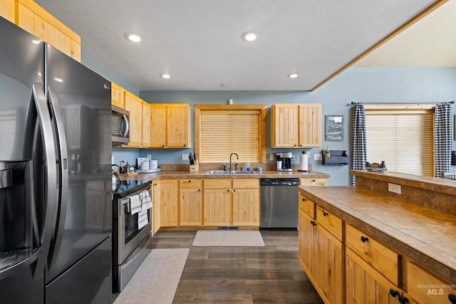 1017 Potts Dr, Mccall, ID 83638 - kitchen with stainless steel appliances, a sink, light brown cabinetry, dark wood finished floors, and recessed lighting