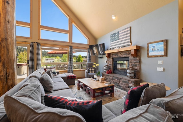 1017 Potts Dr, Mccall, ID 83638 - living area with high vaulted ceiling and a stone fireplace
