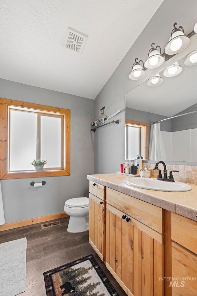 1017 Potts Dr, Mccall, ID 83638 - bathroom featuring toilet, wood finished floors, vanity, a shower with curtain, and baseboards