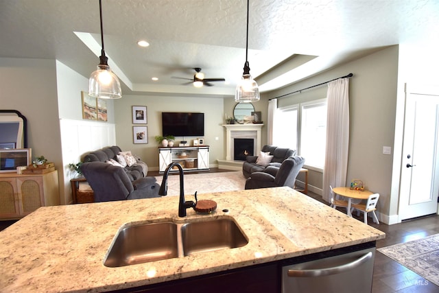 kitchen featuring stainless steel dishwasher, a lit fireplace, a raised ceiling, and a sink