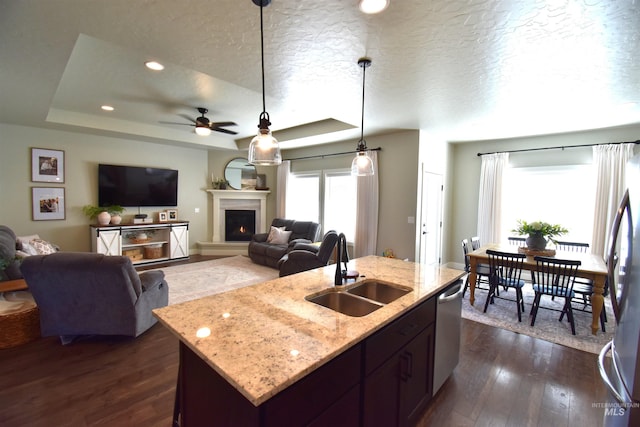 kitchen featuring dark wood finished floors, a raised ceiling, stainless steel appliances, a textured ceiling, and a sink