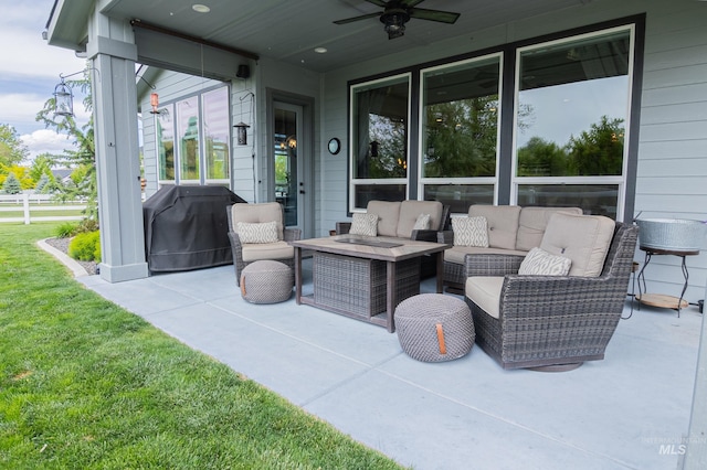 9473 W Suttle Lake Dr, Boise, ID 83714 - view of patio / terrace with an outdoor living space, a grill, and a ceiling fan