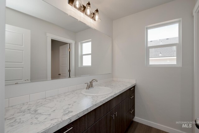 8196 E Red Horse St, Nampa, ID 83687 - bathroom with wood finished floors, vanity, and baseboards