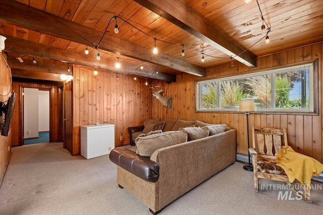 14525 Woosley, Nampa, ID 83651 - carpeted living room with wood ceiling with exposed beams, wooden walls, and baseboard heating