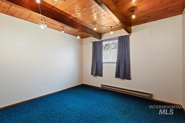 14525 Woosley, Nampa, ID 83651 - carpeted empty room featuring wood ceiling with exposed beams, a baseboard radiator, and baseboards