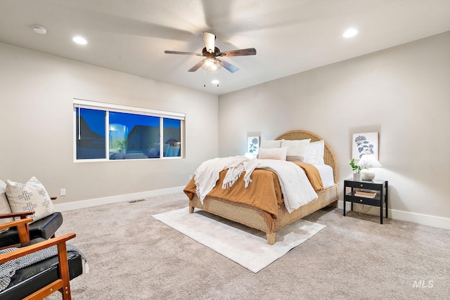 bedroom with visible vents, recessed lighting, baseboards, and carpet floors