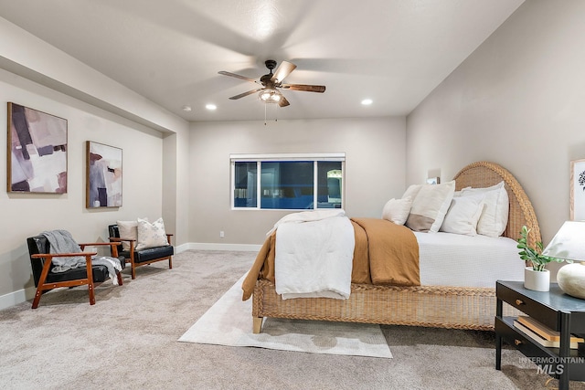 bedroom featuring recessed lighting, baseboards, carpet floors, and a ceiling fan