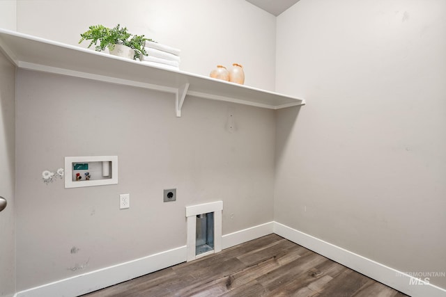 laundry room with wood finished floors, baseboards, laundry area, electric dryer hookup, and washer hookup