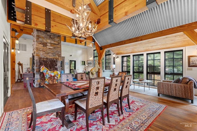 dining room featuring beam ceiling, an inviting chandelier, high vaulted ceiling, wood-type flooring, and wooden walls