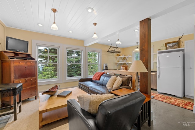 living area featuring wooden ceiling, beam ceiling, and recessed lighting