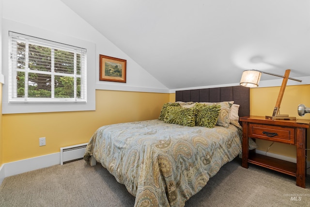 carpeted bedroom with lofted ceiling and a baseboard radiator