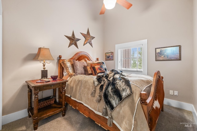 bedroom featuring carpet, baseboards, and ceiling fan