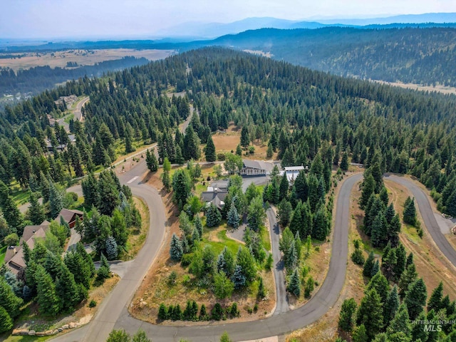 drone / aerial view featuring a forest view and a mountain view