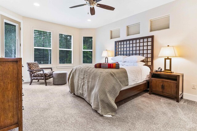 bedroom with multiple windows, carpet, baseboards, recessed lighting, and ceiling fan