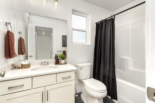 full bathroom with tile patterned floors, vanity, shower / bath combo, and toilet