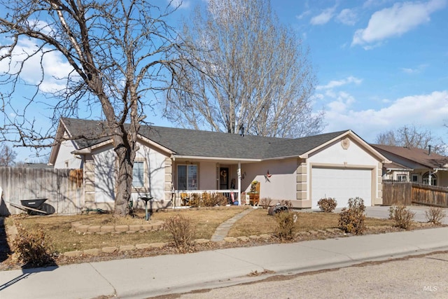 ranch-style home with an attached garage, fence, a porch, and stucco siding