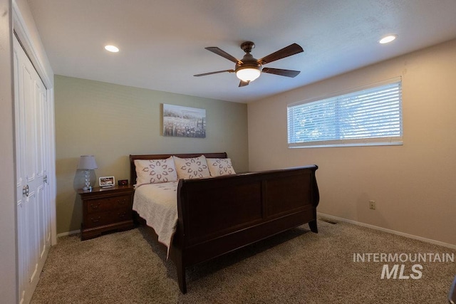 carpeted bedroom featuring recessed lighting, a ceiling fan, and baseboards
